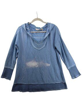 Soft Surroundings Womens Hoodie Sz S Blue Ribbed Cuffs Distressed Relaxed Beachy